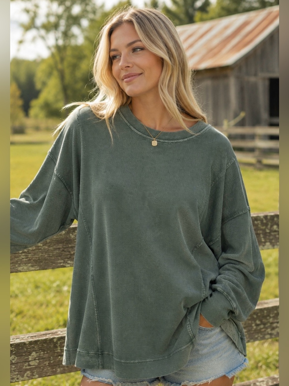Jane & Delancey 1X XL Green Mineral Wash Oversized Waffle Knit Pullover Top Boho